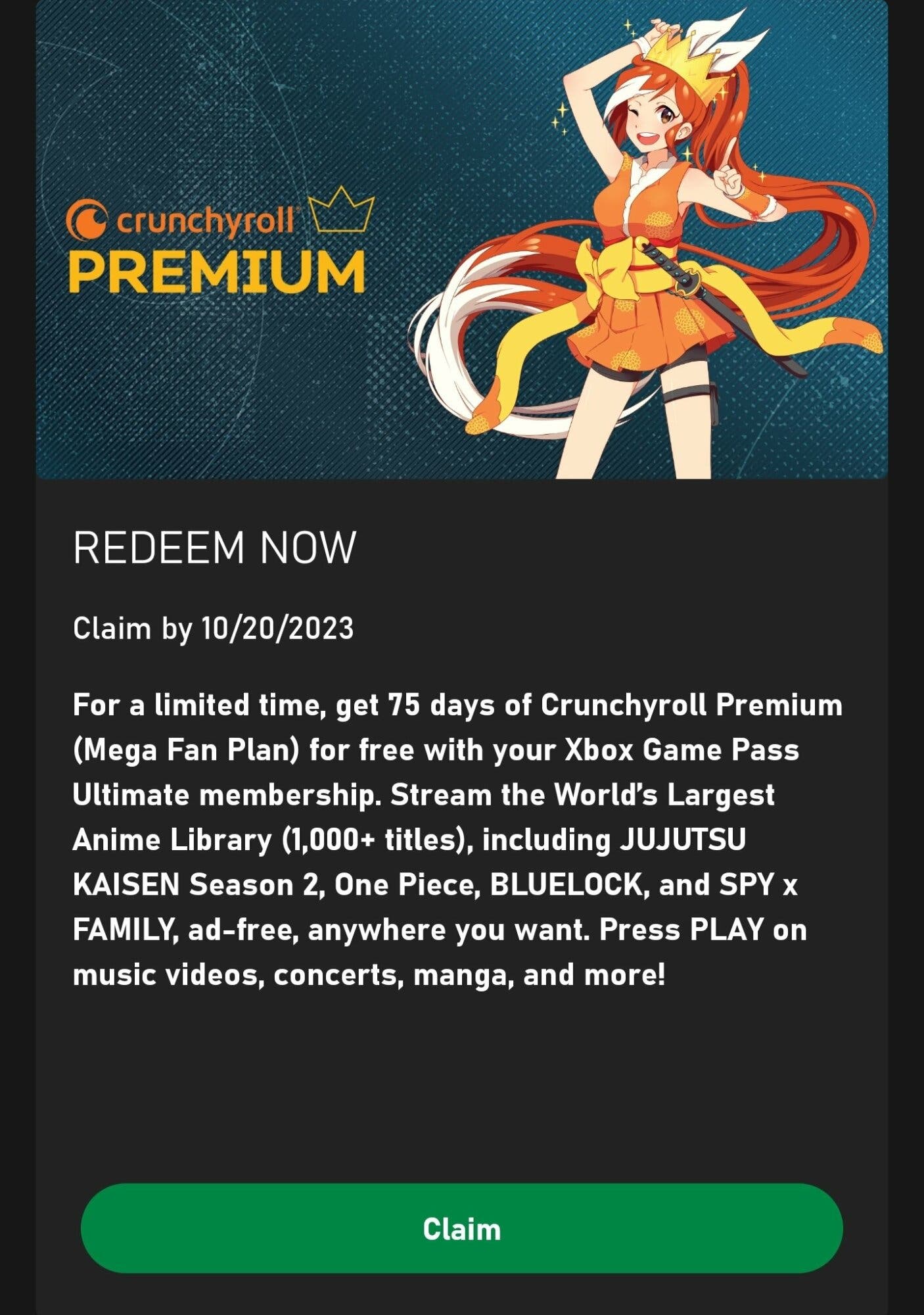 Xbox Game Pass recebe Crunchyroll Premium grátis; veja como resgatar