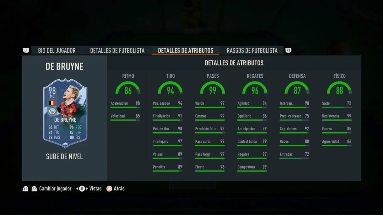 Stats in game De Bruyne Sube de Nivel FIFA 23 Ultimate Team