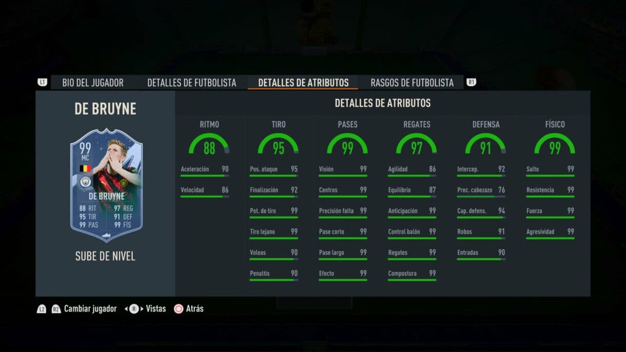 Stats in game De Bruyne Sube de Nivel mejorado FIFA 23 Ultimate Team