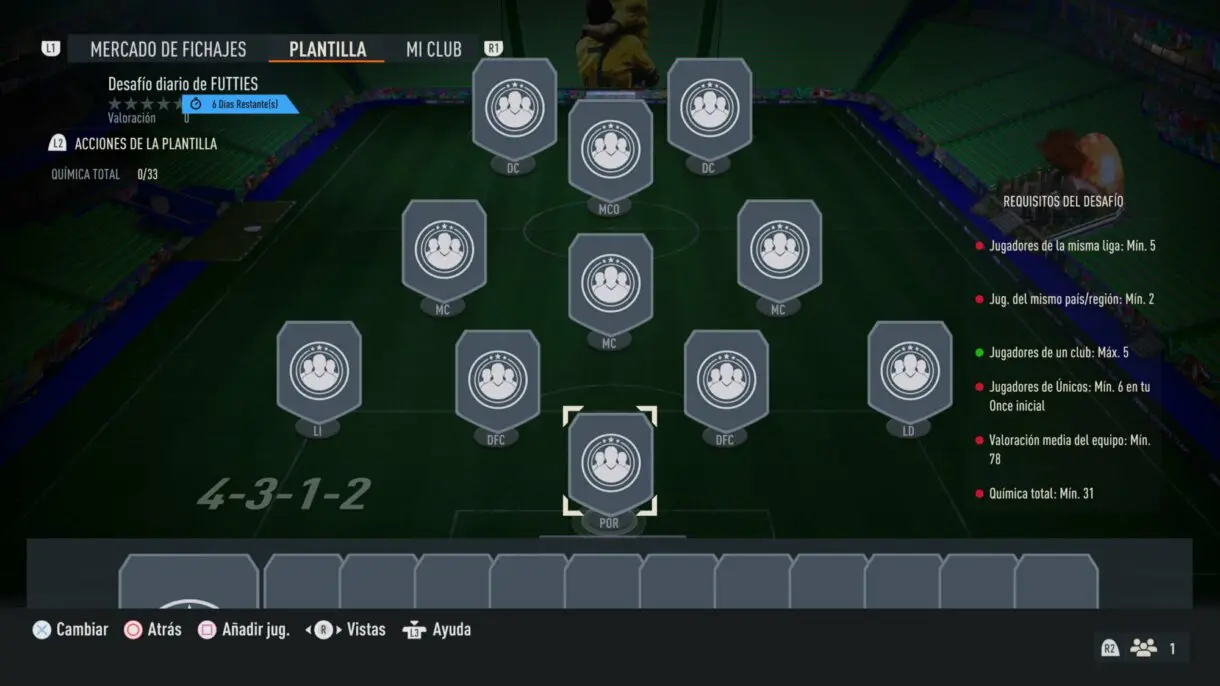 Plantilla vacía del SBC Desafío diario de FUTTIES FIFA 23 Ultimate Team