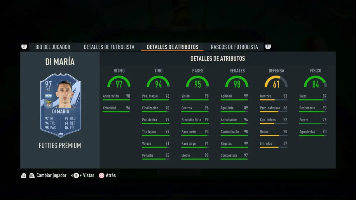 Stats in game Di María FUTTIES Prémium FIFA 23 Ultimate Team