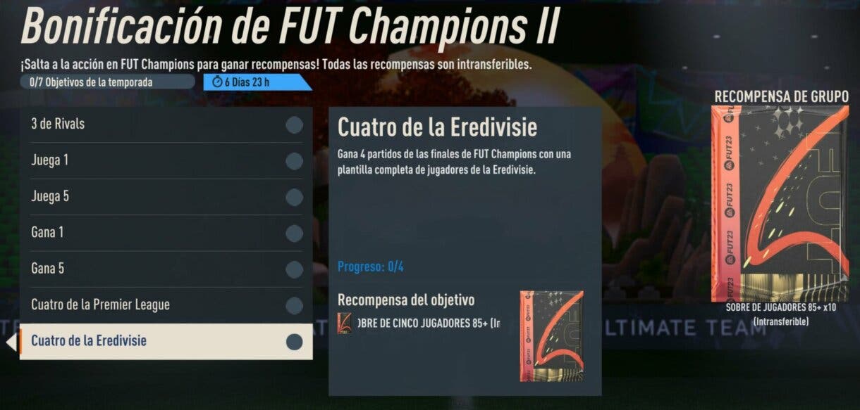 Objetivos Bonificación de FUT Champions II mostrando el objetivo Cuatro de la Eredivisie FIFA 23 Ultimate Team