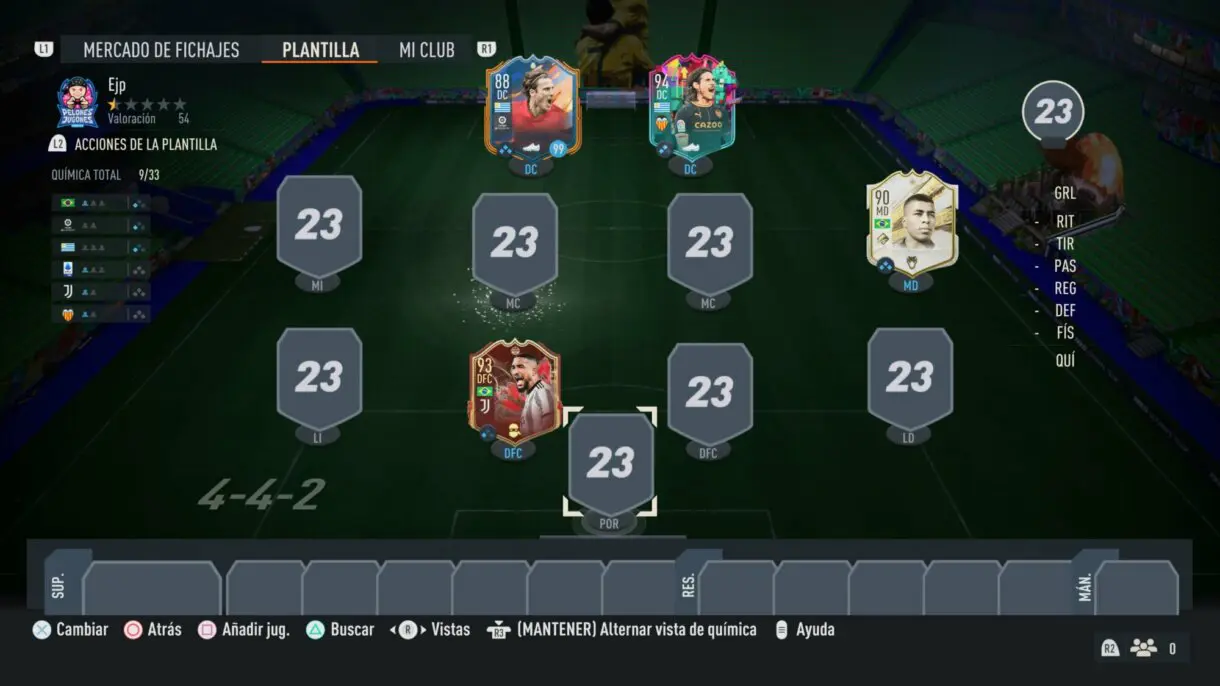 Plantilla vacía FIFA 23 Ultimate Team con Bremer TOTS, Jairzinho Icono Medio, Cavani Sube de Nivel y Forlán FUT Heroes