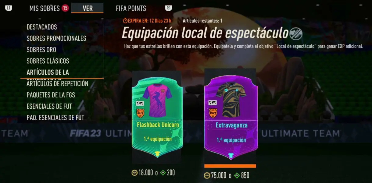 Artículos de la temporada de la Tienda FIFA 23 Ultimate Team mostrando la Equipación local de espectáculo