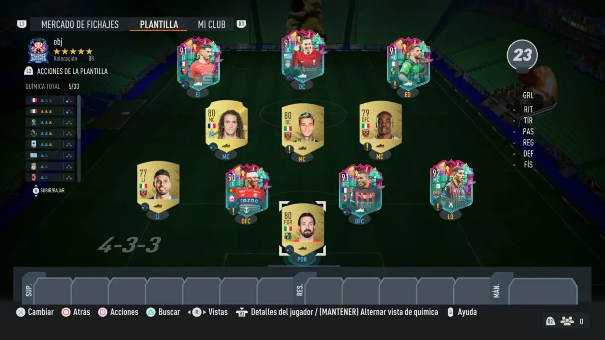 Plantilla FIFA 23 Ultimate Team con las cartas Sube de Nivel de Atal, Kalulu, Djaló, Berardi, Núñez y Terrier