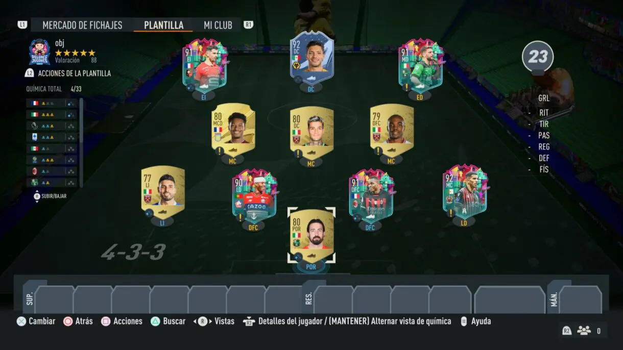 Plantilla FIFA 23 Ultimate Team con las cartas Sube de Nivel de Atal, Kalulu, Djaló, Berardi, Jiménez y Terrier