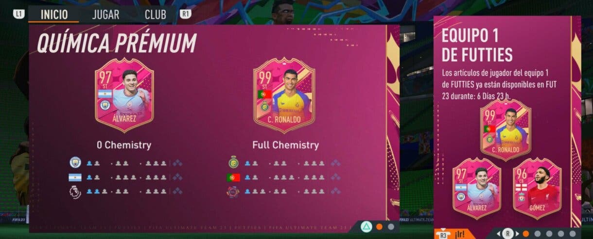 Parte del menú general de FIFA 23 Ultimate Team con información sobre la química de los FUTTIES