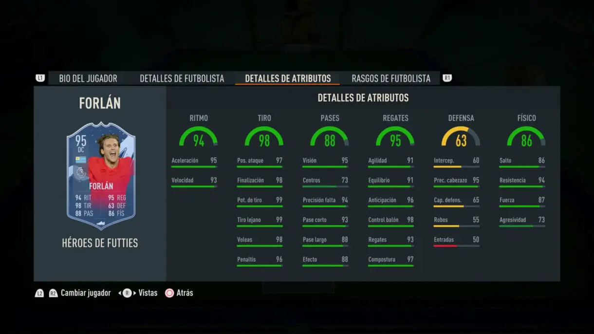 Stats in game Forlán Héroes del FUTTIES FIFA 23 Ultimate Team