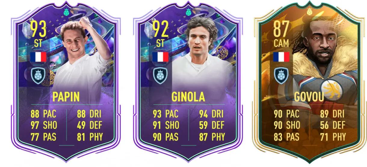 Cartas Fantasy FUT Heroes Papin y Ginola, Govou Héroe de la Copa Mundial FIFA 23 Ultimate Team