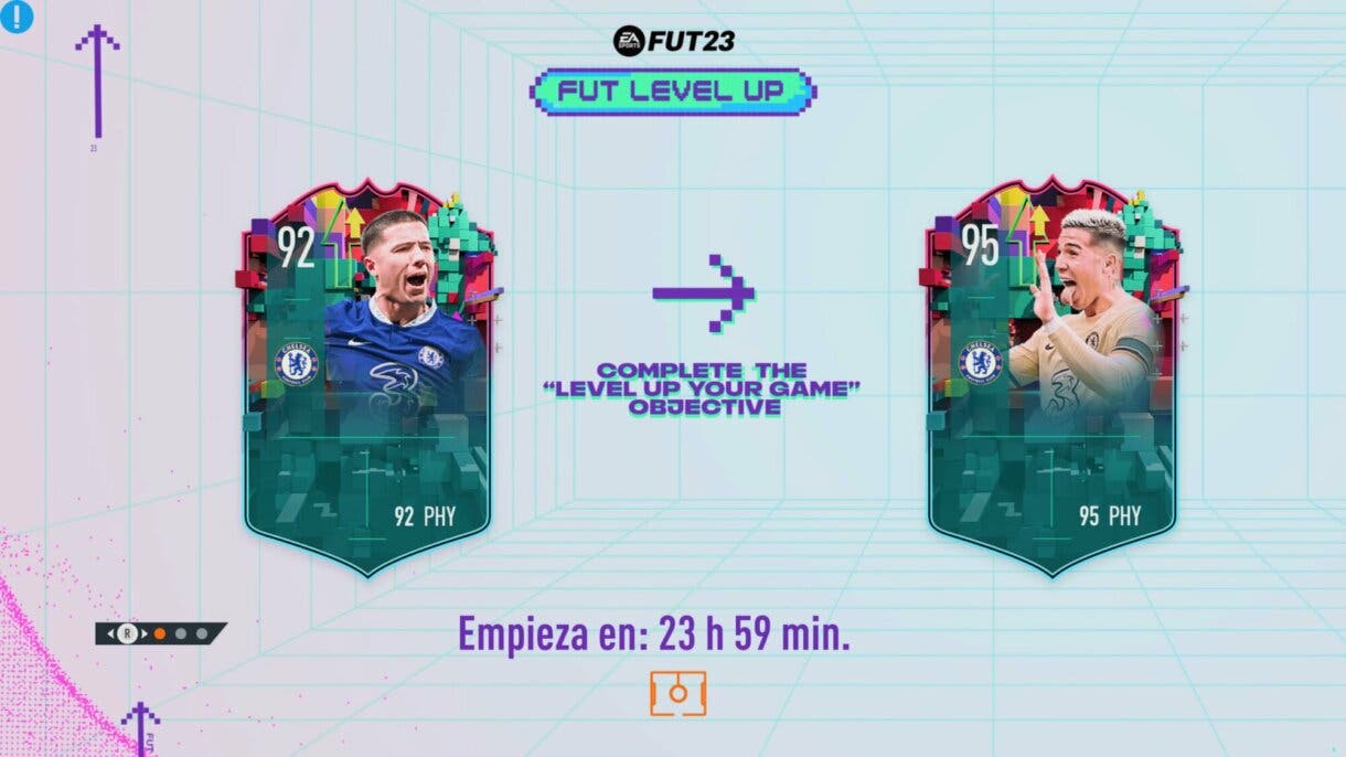 Pantalla de carga FIFA 23 Ultimate Team que muestra dos versiones de Enzo Fernández FUT LEVEL UP (una de mayor nivel)