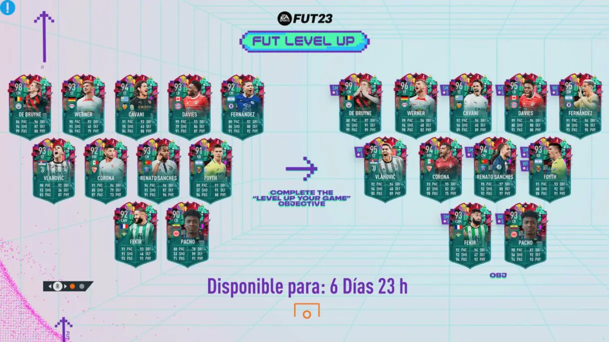 Pantalla de carga FIFA 23 Ultimate Team con las cartas normales y evolucionadas del primer equipo Sube de Nivel