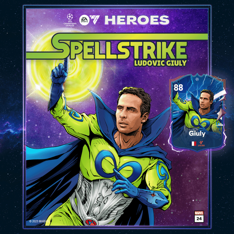 Diseño a modo de cómic con la carta de Giuly FUT Heroes para EA Sports FC 24 (con media pero sin stats)