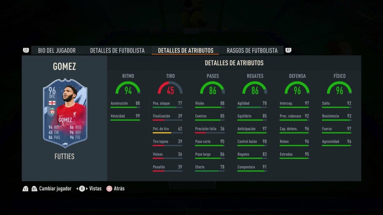 Stats in game Joe Gómez FUTTIES FIFA 23 Ultimate Team