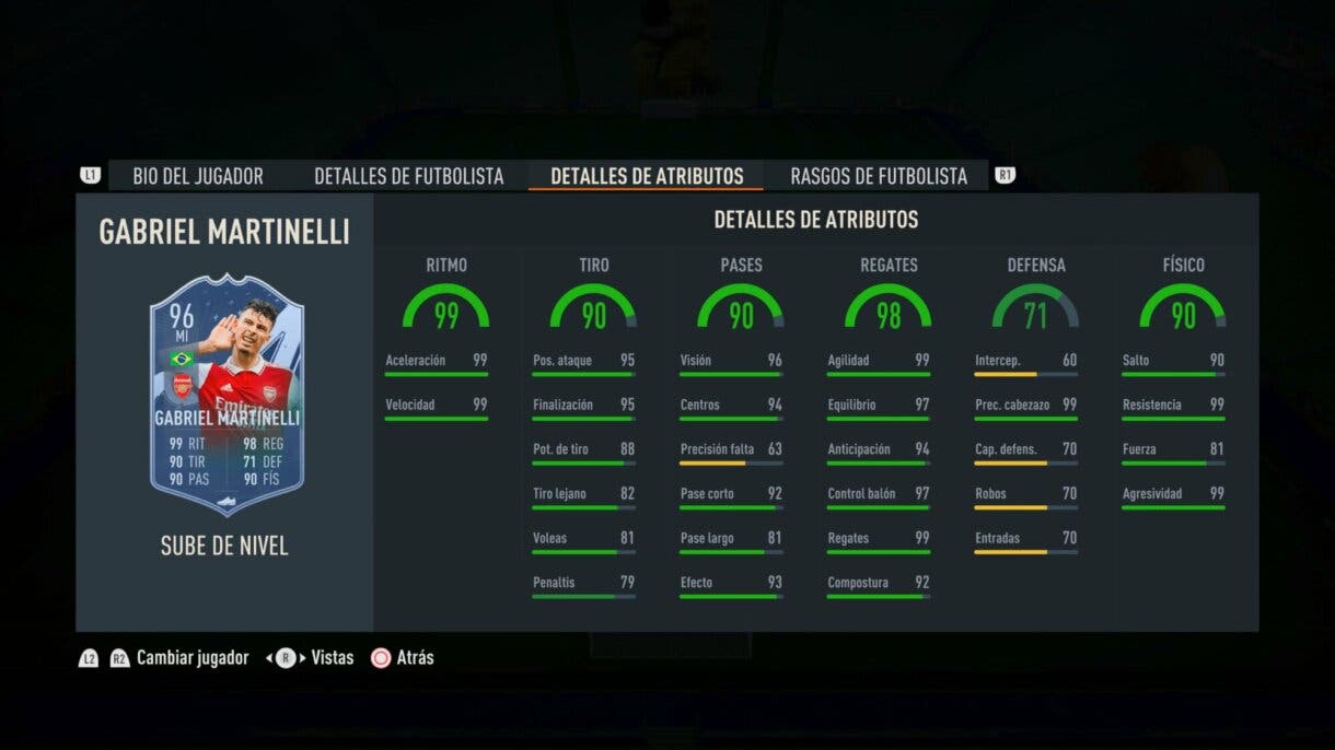 Stats in game Gabriel Martinelli Sube de Nivel mejorado FIFA 23 Ultimate Team