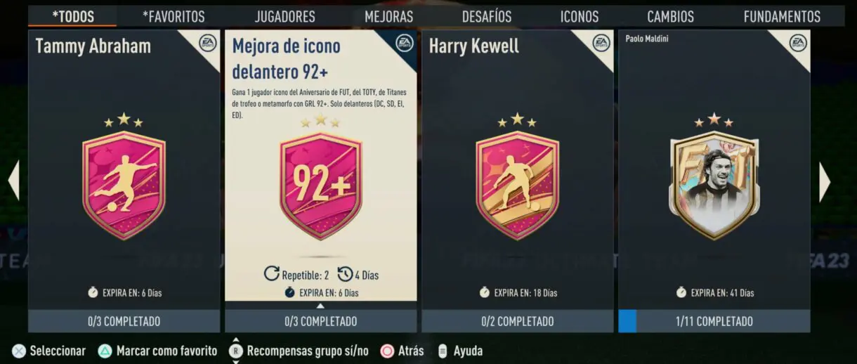 Apartado todos de SBC FIFA 23 Ultimate Team mostrando la descripción de Mejora de icono delantero 92+