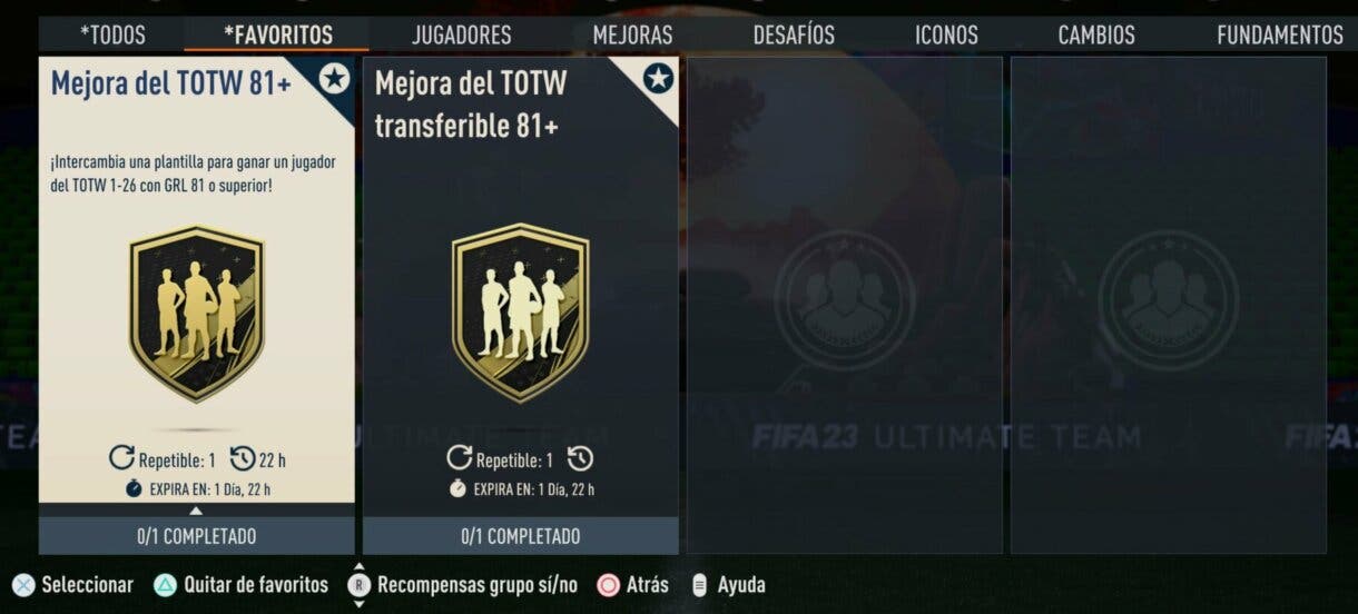 Menú SBC´s FIFA 23 Ultimate Team sección favoritos mostrando los de Mejora del TOTW 81+ y Mejora del TOTW transferible 81+