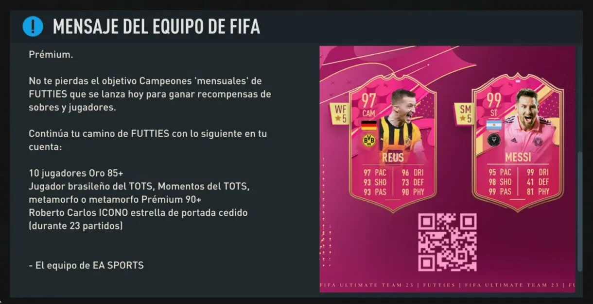 Parte del mensaje del equipo de FIFA avisando del regalo realizado a mi cuenta de FIFA 23 Ultimate Team