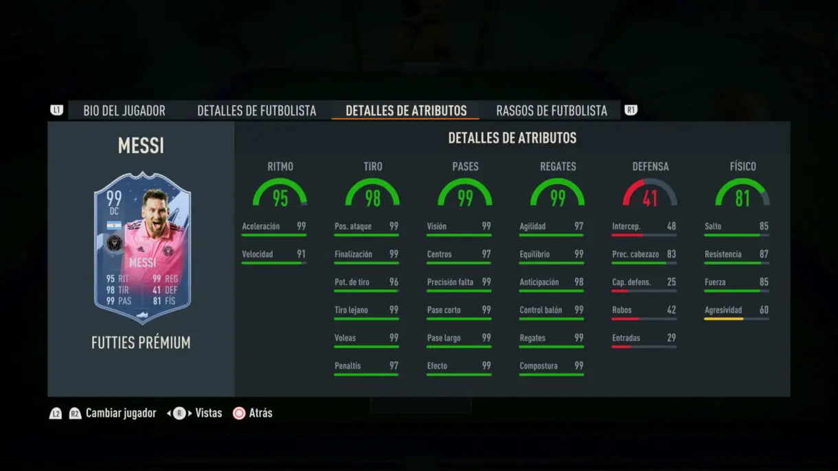 Stats in game Messi FUTTIES Prémium FIFA 23 Ultimate Team
