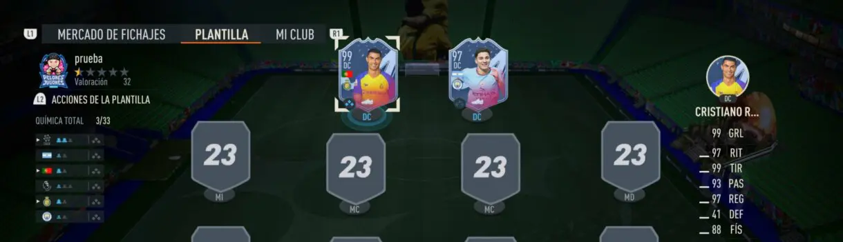 Parte de una plantilla conceptual FIFA 23 Ultimate Team con Cristiano Ronaldo FUTTIES Prémium y Julián Álvarez FUTTIES.