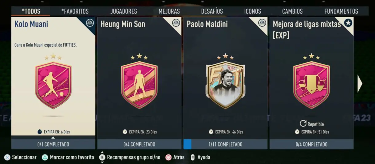 Menú de los SBC de FIFA 23 Ultimate Team al principio de la parte de todos