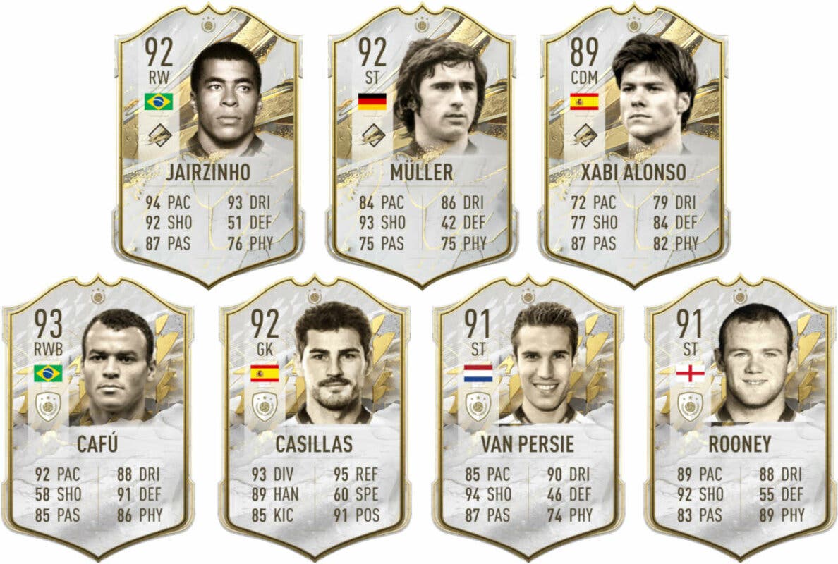 Cartas Icono Prime Ultimate Team Jairzinho, Müller y Xabi Alonso (FIFA 23), Cafú, Casillas, Van Persie y Rooney (FIFA 22)