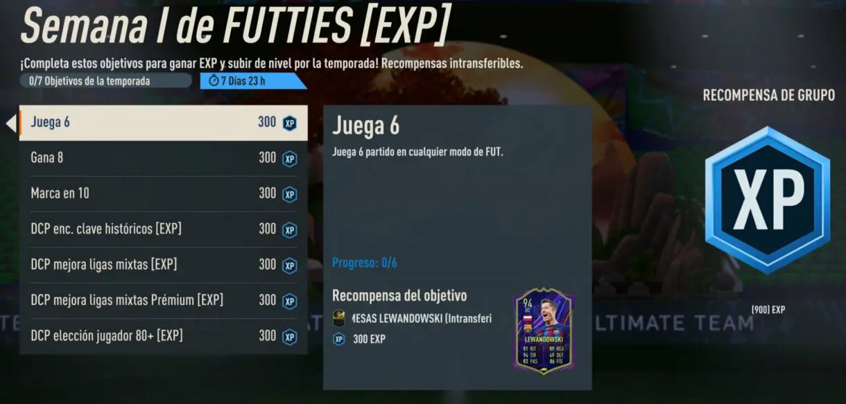 Hitos Semana I de FUTTIES (EXP) mostrando el objetivo de Lewandowski OTW FIFA 23 Ultimate Team