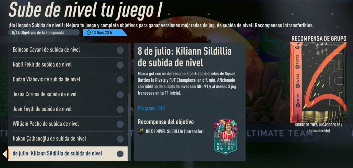 Objetivos Sube de nivel tu juego I FIFA 23 Ultimate Team mostrando el objetivo de Sildillia