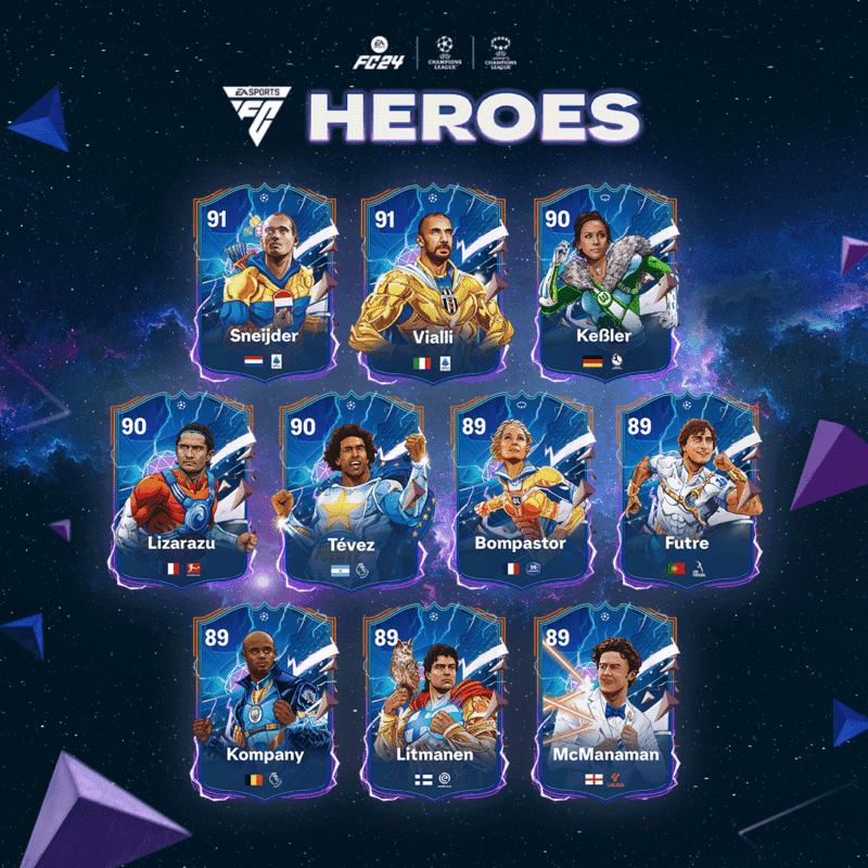 Primera parte de diseño con todas las cartas Héroe UCL/UWCL de los nuevos FUT Héroes de EA Sports FC 24