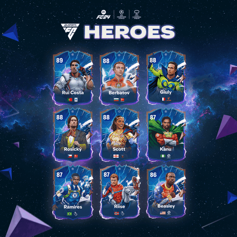 Segunda parte de diseño con todas las cartas Héroe UCL/UWCL de los nuevos FUT Héroes de EA Sports FC 24
