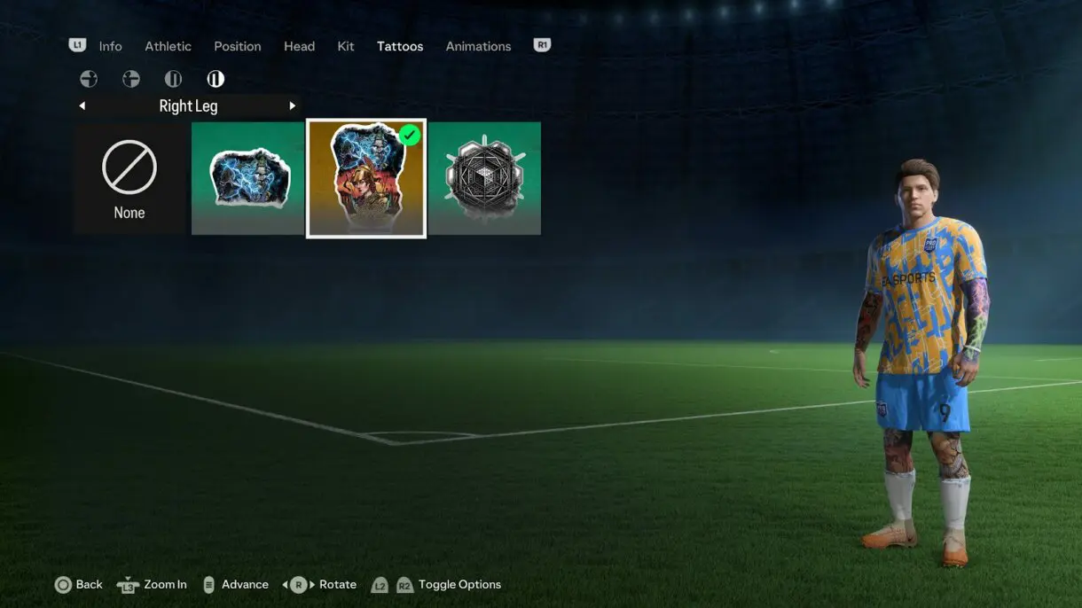 Posible menú de personalización del Modo Carrera de jugador de EA Sports FC 24 mostrando un apartado de tatuajes