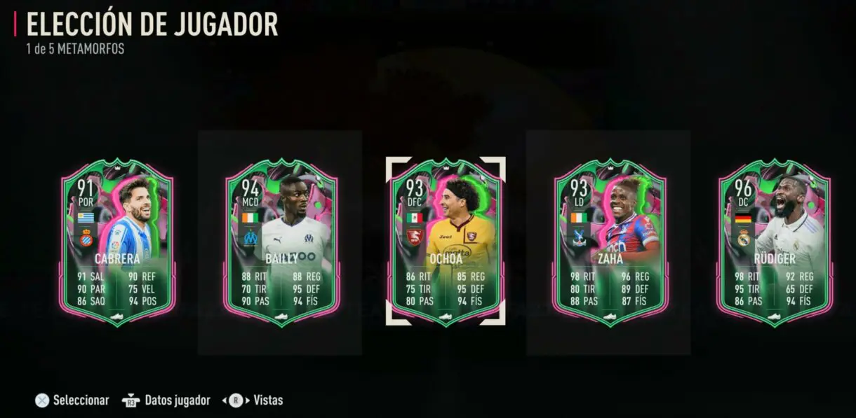 Player pick Metamorfos FIFA 23 Ultimate Team con las cartas de Cabrera, Bailly, Ochoa, Zaha y Rüdiger