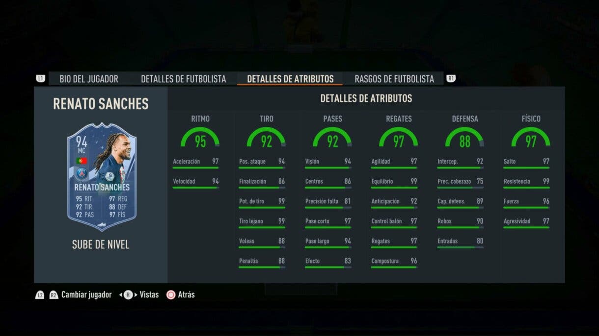 Stats in game Renato Sanches Sube de Nivel mejorado FIFA 23 Ultimate Team