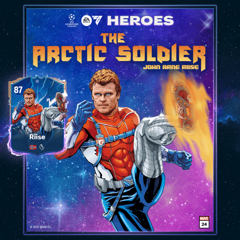 Diseño a modo de cómic con la carta de Riise FUT Heroes para EA Sports FC 24 (con media pero sin stats)