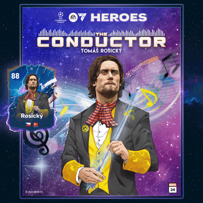 Diseño a modo de cómic con la carta de Rosický FUT Heroes para EA Sports FC 24 (con media pero sin stats)
