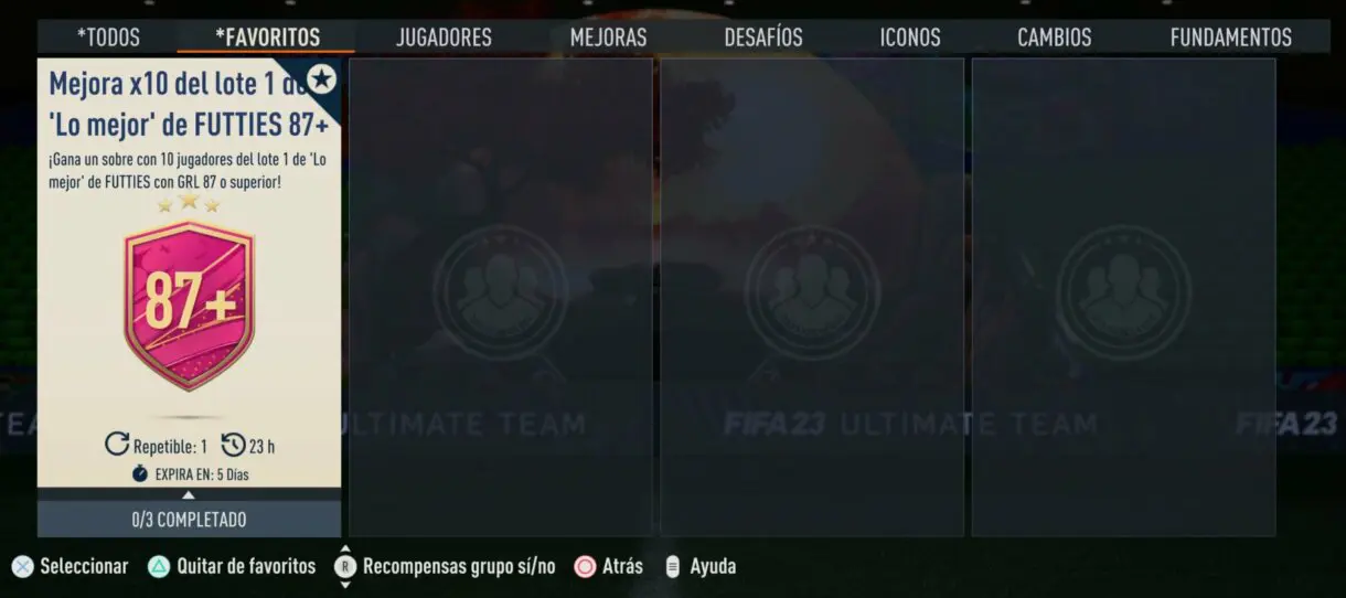 Apartado SBC favoritos FIFA 23 Ultimate Team mostrando la Mejora x10 del lote 1 de 'Lo mejor' de FUTTIES 87 +