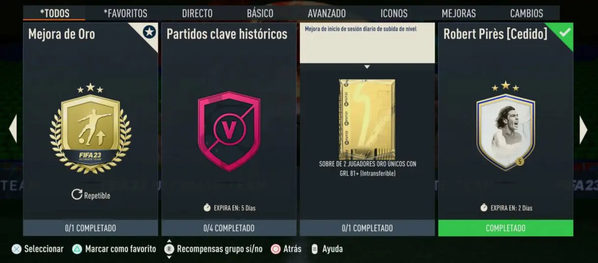 Apartado general SBC´s FIFA 23 Ultimate Team mostrando la Mejora de inicio de sesión diario de subida de nivel