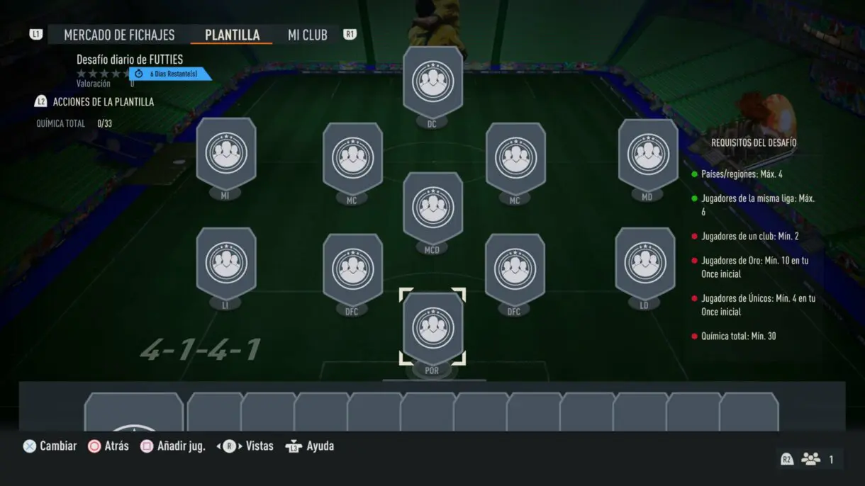 Plantilla vacía del SBC Desafío diario de FUTTIES FIFA 23 Ultimate Team