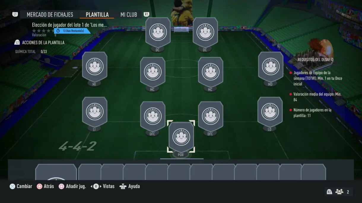 Plantilla vacía del SBC de Elección de jugador del lote de 'Los mejores' de FUTTIES FIFA 23 Ultimate Team