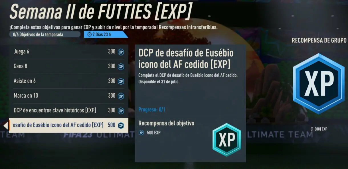 Objetivos Semana II de FUTTIES (EXP) mostrando el reto relacionado con Eusébio FIFA 23 Ultimate Team