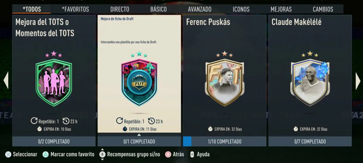 Apartado de SBC´s general FIFA 23 Ultimate Team mostrando la Mejora de ficha de Draft