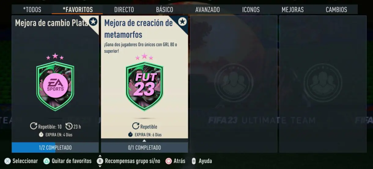 Apartado SBC´s favoritos FIFA 23 Ultimate Team mostrando la Mejora de cambio Plata y la Mejora de creación de metamorfos