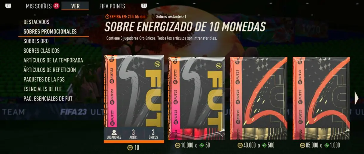 Tienda FIFA 23 Ultimate Team mostrando el sobre energizado de 10 monedas