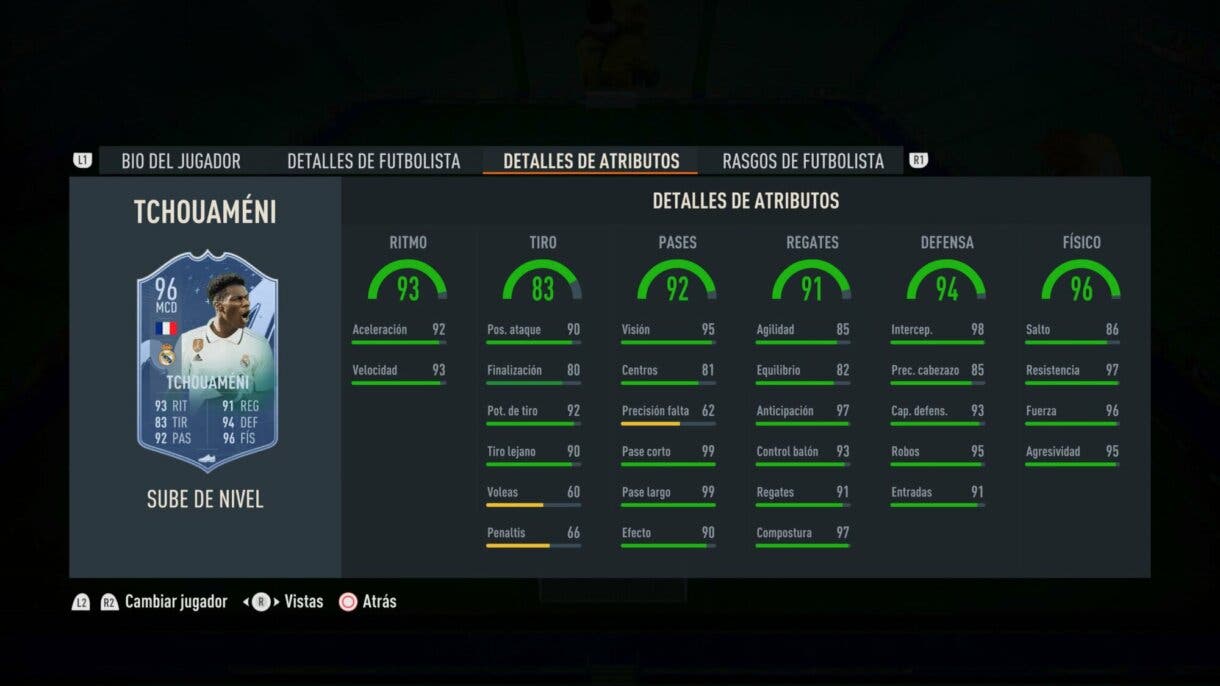 Stats in game Tchouaméni Sube de Nivel mejorado FIFA 23 Ultimate Team