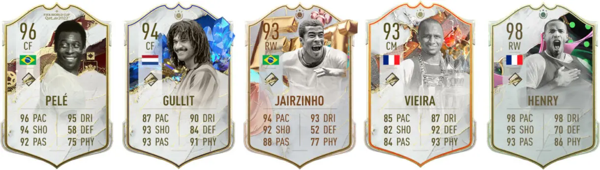 Cartas Icono Pelé de la Copa Mundial, Gullit del TOTY, Jairzinho FUT Birthday, Vieira Trophy Titans y Henry Metamorfo FIFA 23 Ultimate Team