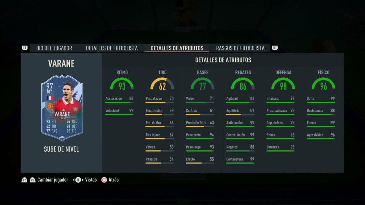Stats in game Varane Sube de Nivel mejorado FIFA 23 Ultimate Team