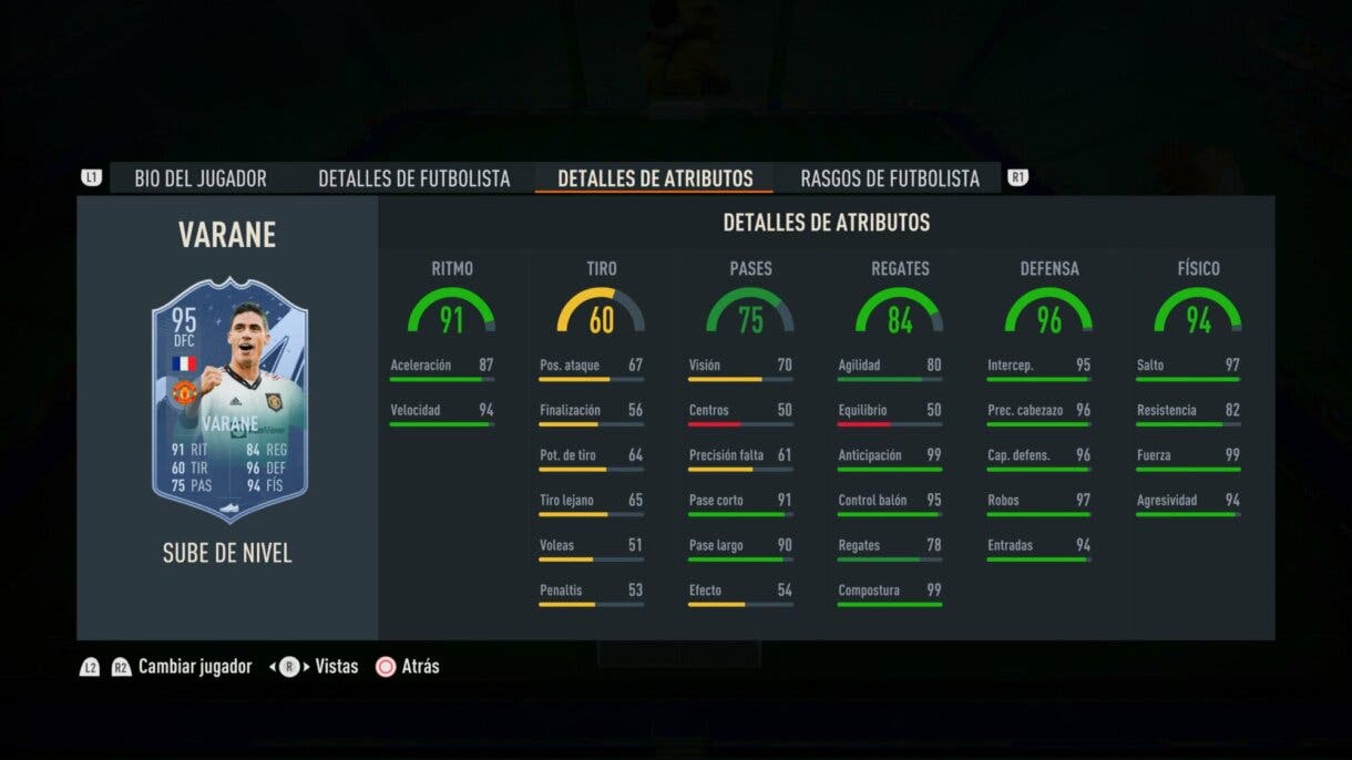 Stats in game Varane Sube de Nivel FIFA 23 Ultimate Team
