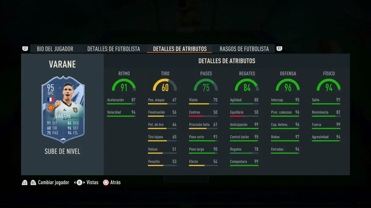 Stats in game Varane Sube de Nivel FIFA 23 Ultimate Team