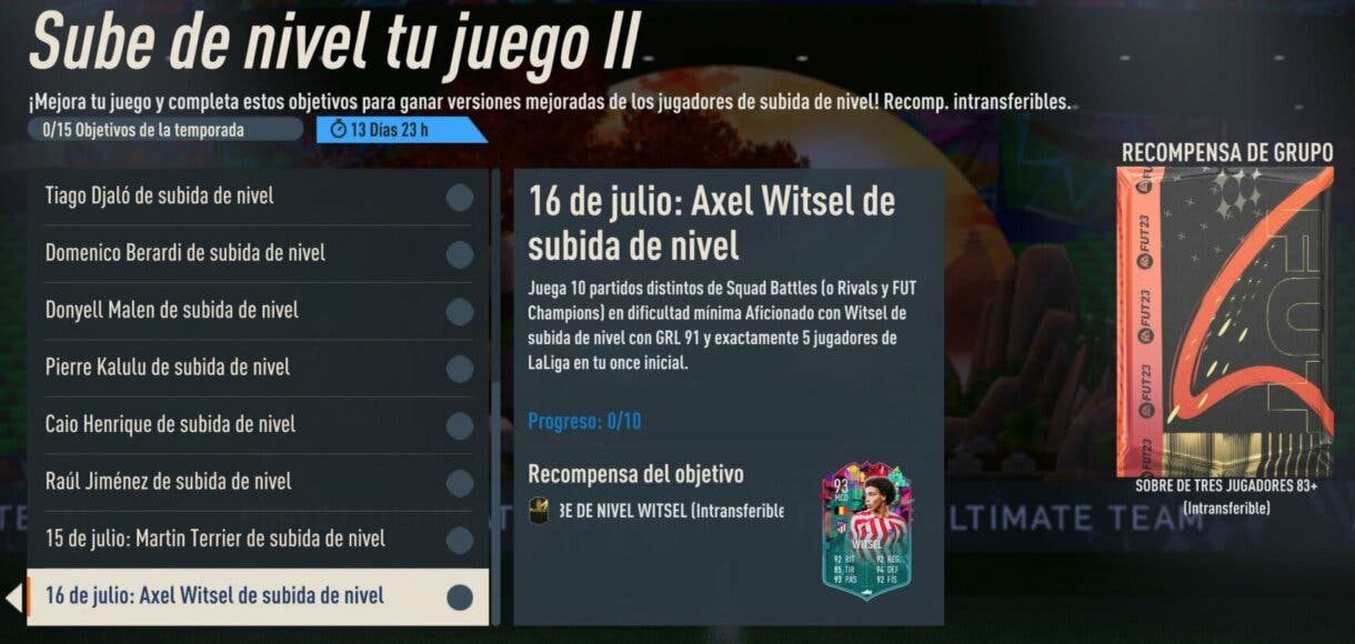 Objetivos Sube de nivel tu juego II mostrando el reto de Witsel FIFA 23 Ultimate Team