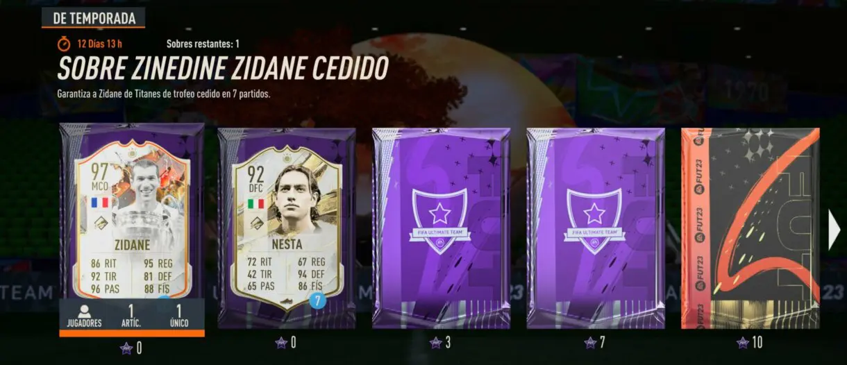 Galería de recompensas de FUT Moments FIFA 23 Ultimate Team mostrando el sobre de Zidane Icono Trophy Titans cedido