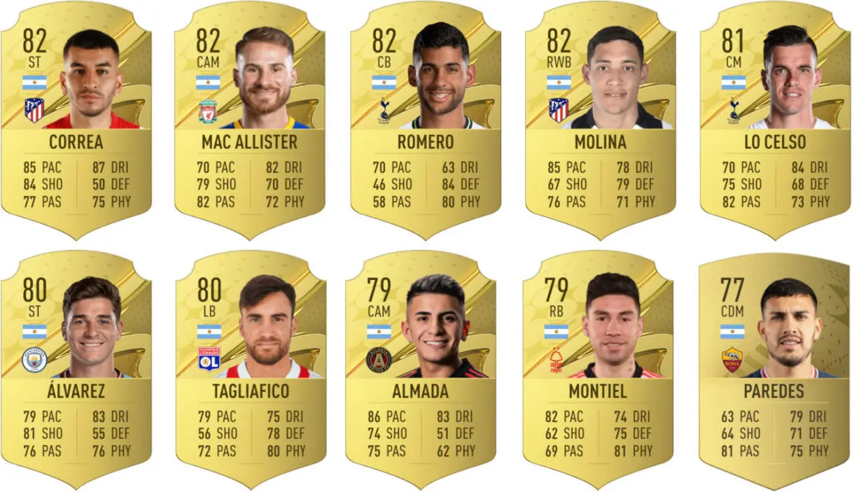Cartas oro filtradas EA Sports FC 24 Correa, Mac Allister, Romero, Molina, Lo Celso, Álvarez, Tagliafico, Almada, Montiel y Paredes (con diseño de FIFA 23 Ultimate Team)